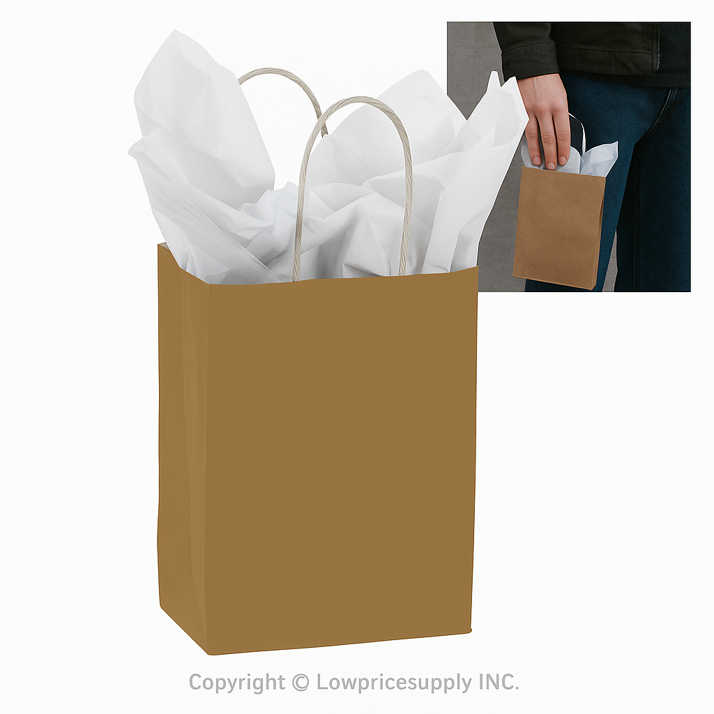 100 CASE Small 5"L X 3.5"W X 8"H – Metallic Gold Paper Shopping Bags Durable Gift Bags With Handles For Clothing Shops, Salons, And Upscale Boutiques
