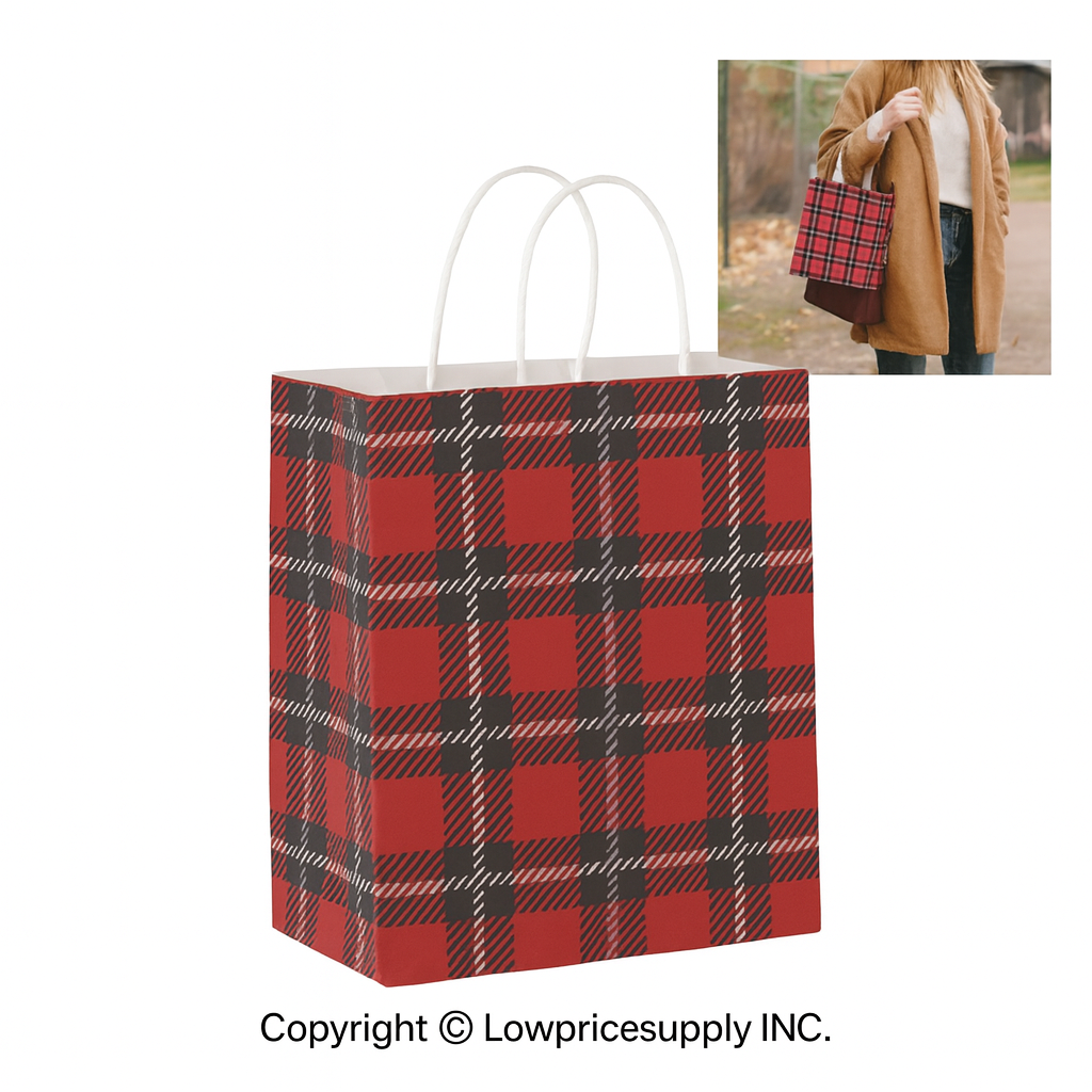 100 CASE Medium 8"L X 5"D X 10.5"H Holiday Red Plaid Paper Shopping Bags Bulk Shopping Bags With Handles For Small Business Retail, Boutiques, And Gift Packaging
