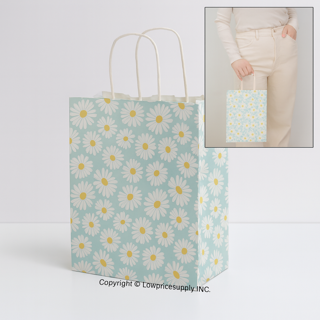 100 CASE Medium 8"L X 5"D X 10.5"H Daisy Paper Shopping Bags Eco Friendly Paper Shopping Bags For Restaurants, Bakeries, And Takeout Packaging