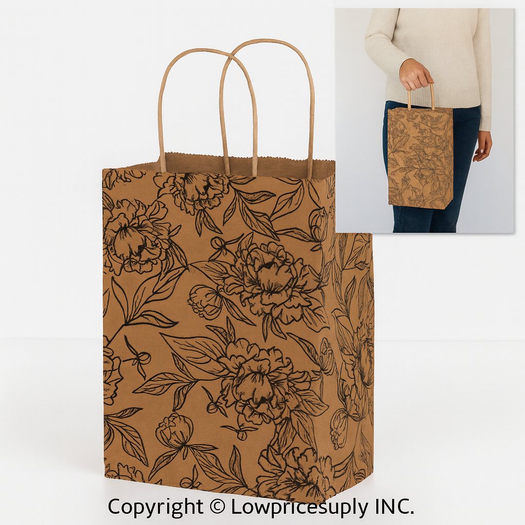 100 CASE Small 5"L X 3.5"D X 8.5"H Simple Floral Paper Shopping Bags Reusable Paper Bags For Retail Stores, Craft Fairs, Party Favors, And Merchandise Packaging