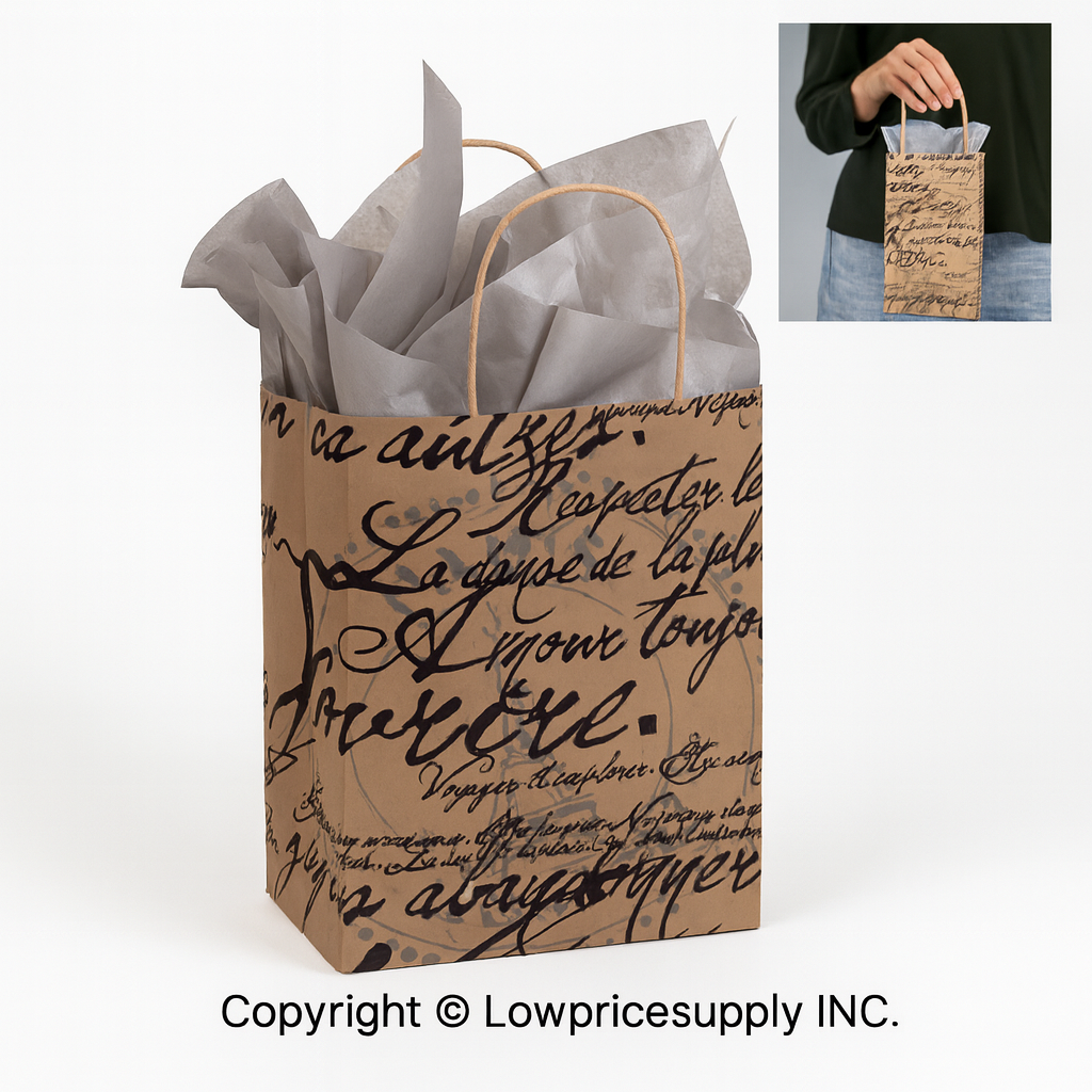 100 CASE Medium 8"L X 5"D X 10.5"H Paris Script Paper Shopping Bags Durable Gift Bags With Handles For Clothing Shops, Salons, And Upscale Boutiques