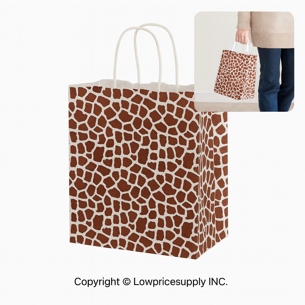 100 CASE Medium 8"L X 5"D X 10.5"H Giraffe Print Paper Shopping Bags Bulk Shopping Bags With Handles For Small Business Retail, Boutiques, And Gift Packaging