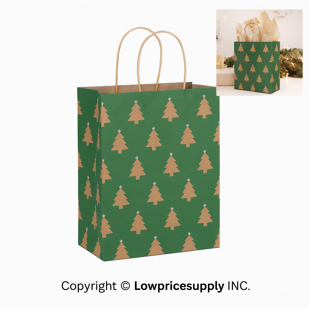 100 CASE Medium 8"L X 5"D X 10.5"H Green Christmas Tree Paper Shopping Bags Reusable Paper Bags For Retail Stores, Craft Fairs, Party Favors, And Merchandise Packaging