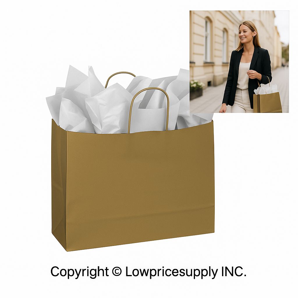 100 CASE Large 16"L X 6"W X 12.5"H – Metallic Gold Paper Shopping Bags Reusable Paper Bags For Retail Stores, Craft Fairs, Party Favors, And Merchandise Packaging