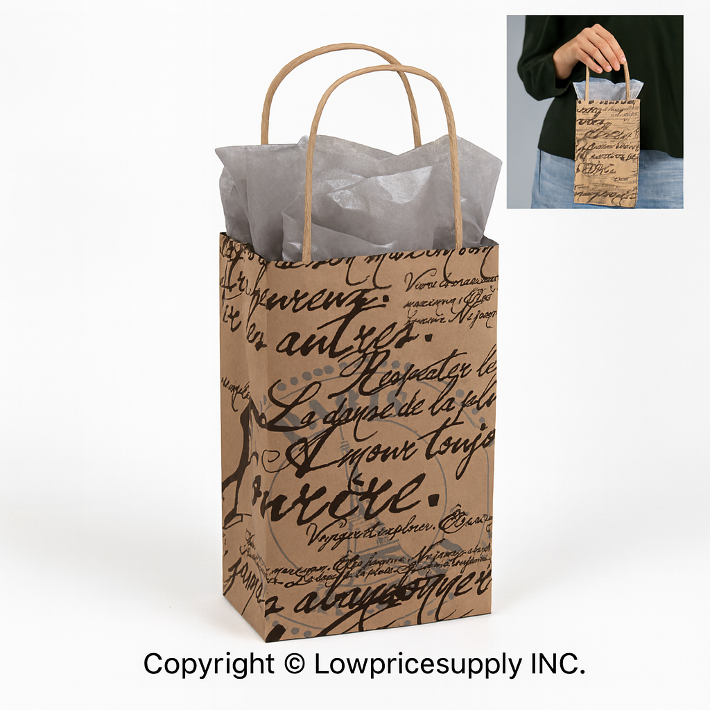 100 CASE Small 5"L X 3.5"D X 8.5"H Paris Script Paper Shopping Bags Reusable Paper Bags For Retail Stores, Craft Fairs, Party Favors, And Merchandise Packaging