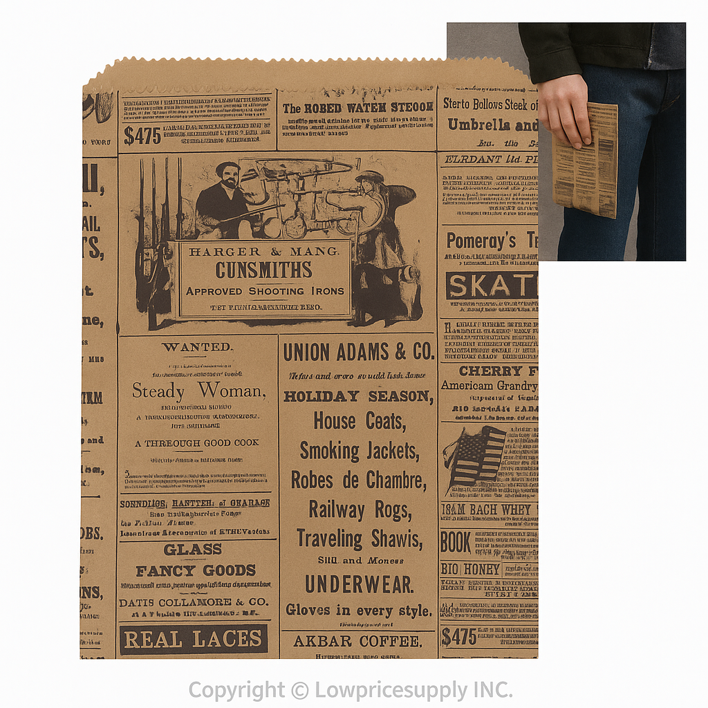 1000 CASE Small 6"L X 9"H Newsprint Paper Merchandise Bags Durable Gift Bags With Handles For Clothing Shops, Salons, And Upscale Boutiques