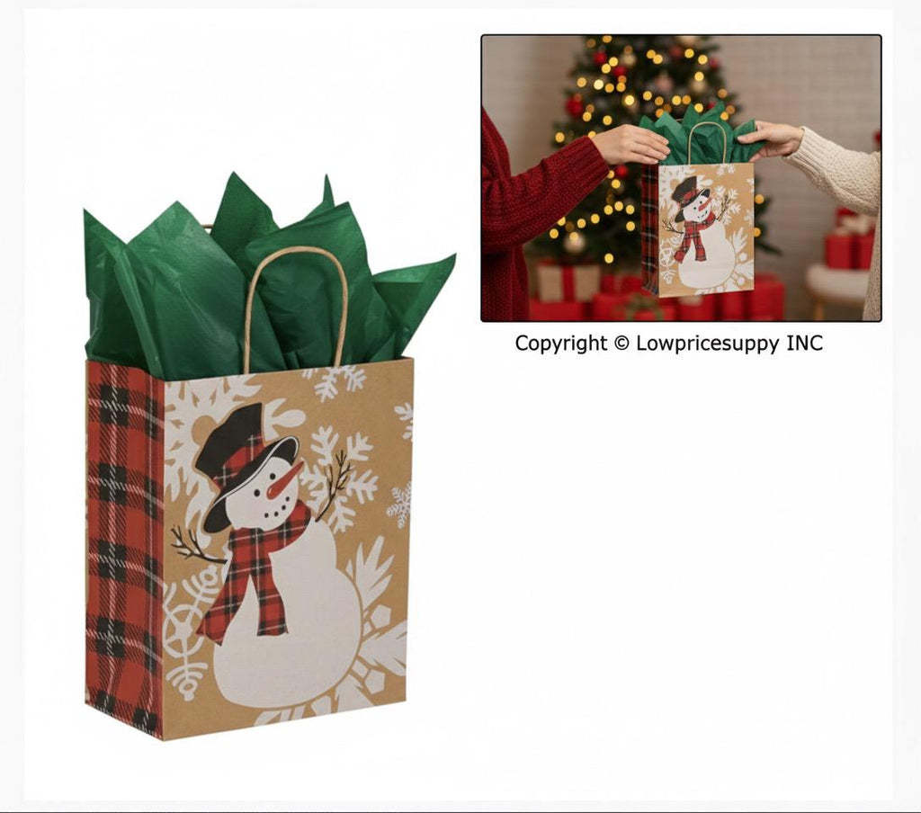 100 CASE Medium 8"L X 5"D X 10.5"H Snowman Paper Shopping Bags Bulk Shopping Bags With Handles For Small Business Retail, Boutiques, And Gift Packaging