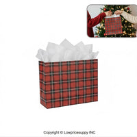 100 CASE Large 16"L X 6"D X 12.5"H Holiday Red Plaid Paper Shopping Bags Bulk Shopping Bags With Handles For Small Business Retail, Boutiques, And Gift Packaging