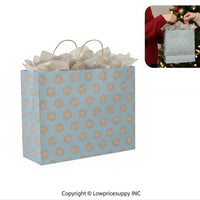 100 CASE Large 16"L X 6"D X 12.5"H Blue Snowflake Paper Shopping Bags Reusable Paper Bags For Retail Stores, Craft Fairs, Party Favors, And Merchandise Packaging