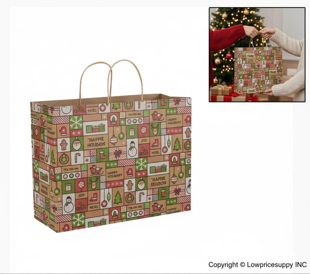 100 CASE Large 16"L X 6"D X 12.5"H Modern Holiday Paper Shopping Bags Durable Gift Bags With Handles For Clothing Shops, Salons, And Upscale Boutiques