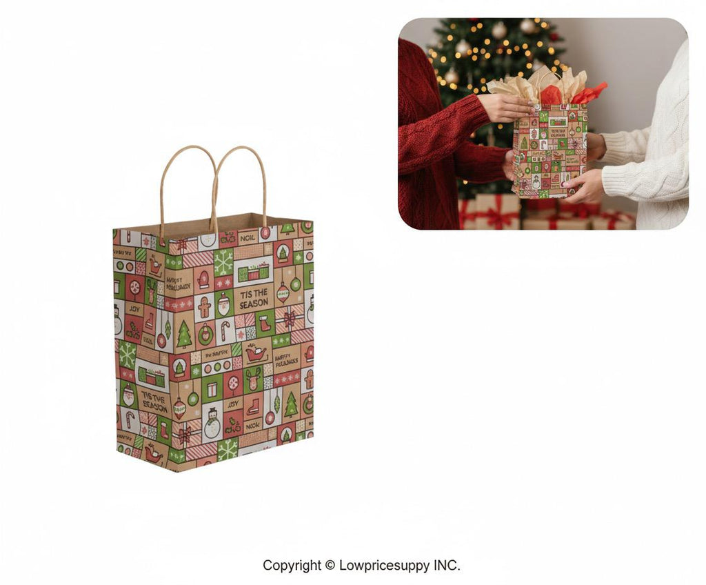 100 CASE Medium 8"L X 5"D X 10.5"H Modern Holiday Paper Shopping Bags Multi Purpose Retail Paper Bags For Pop Up Shops, Events, And Trade Shows