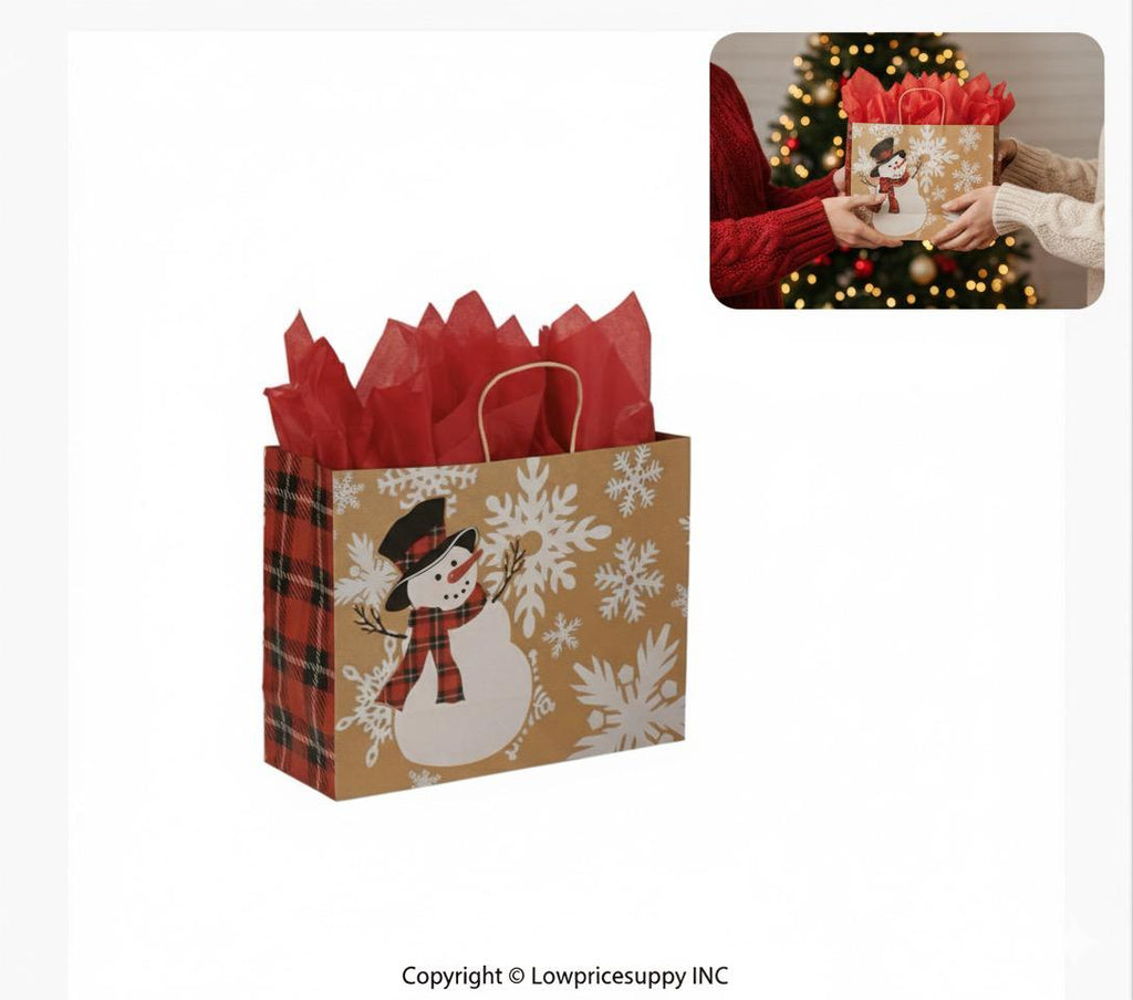 100 CASE Large 16"L X 6"D X 12.5"H Snowman Paper Shopping Bags Multi Purpose Retail Paper Bags For Pop Up Shops, Events, And Trade Shows