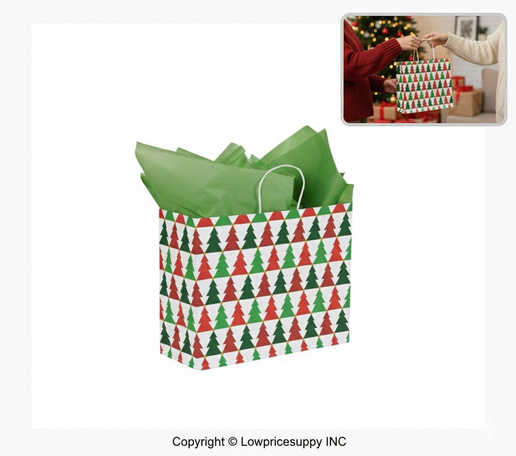 100 CASE Large 16"L X 6"D X 12.5"H Holiday Trees Paper Shopping Bags Durable Gift Bags With Handles For Clothing Shops, Salons, And Upscale Boutiques