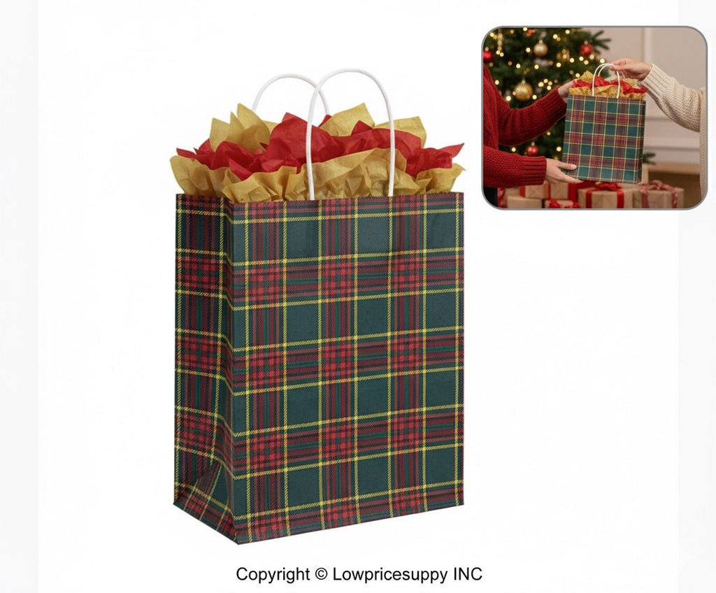 100 CASE Medium 8"L X 5"D X 10.5"H Holiday Plaid Paper Bag Eco Friendly Paper Shopping Bags For Restaurants, Bakeries, And Takeout Packaging