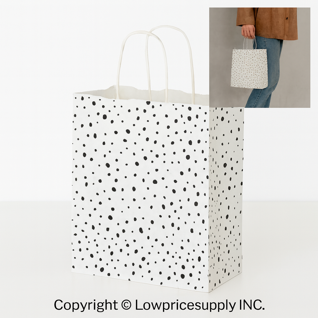 100 CASE Medium 8"L X 5"D X 10.5"H White Modern Dot Paper Shopping Bags Durable Gift Bags With Handles For Clothing Shops, Salons, And Upscale Boutiques