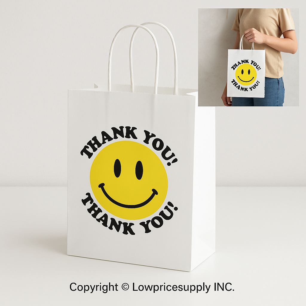 100 CASE Medium 8"L X 5"D X 10.5"H White Thank You Smiley Paper Shopping Bags Multi Purpose Retail Paper Bags For Pop Up Shops, Events, And Trade Shows