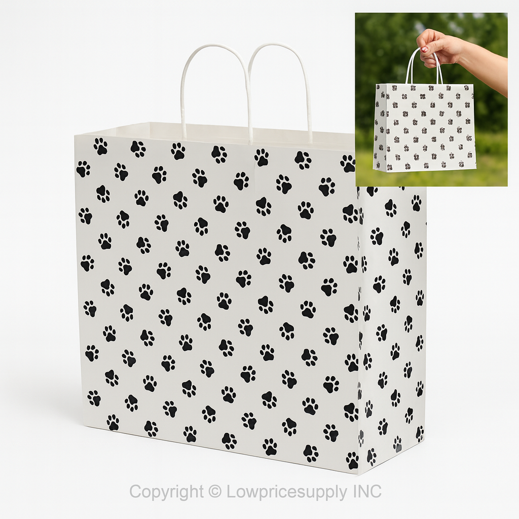 100 CASE Large 16"L X 6"D X 12.5"H Paw Print Paper Shopping Bags Reusable Paper Bags For Retail Stores, Craft Fairs, Party Favors, And Merchandise Packaging