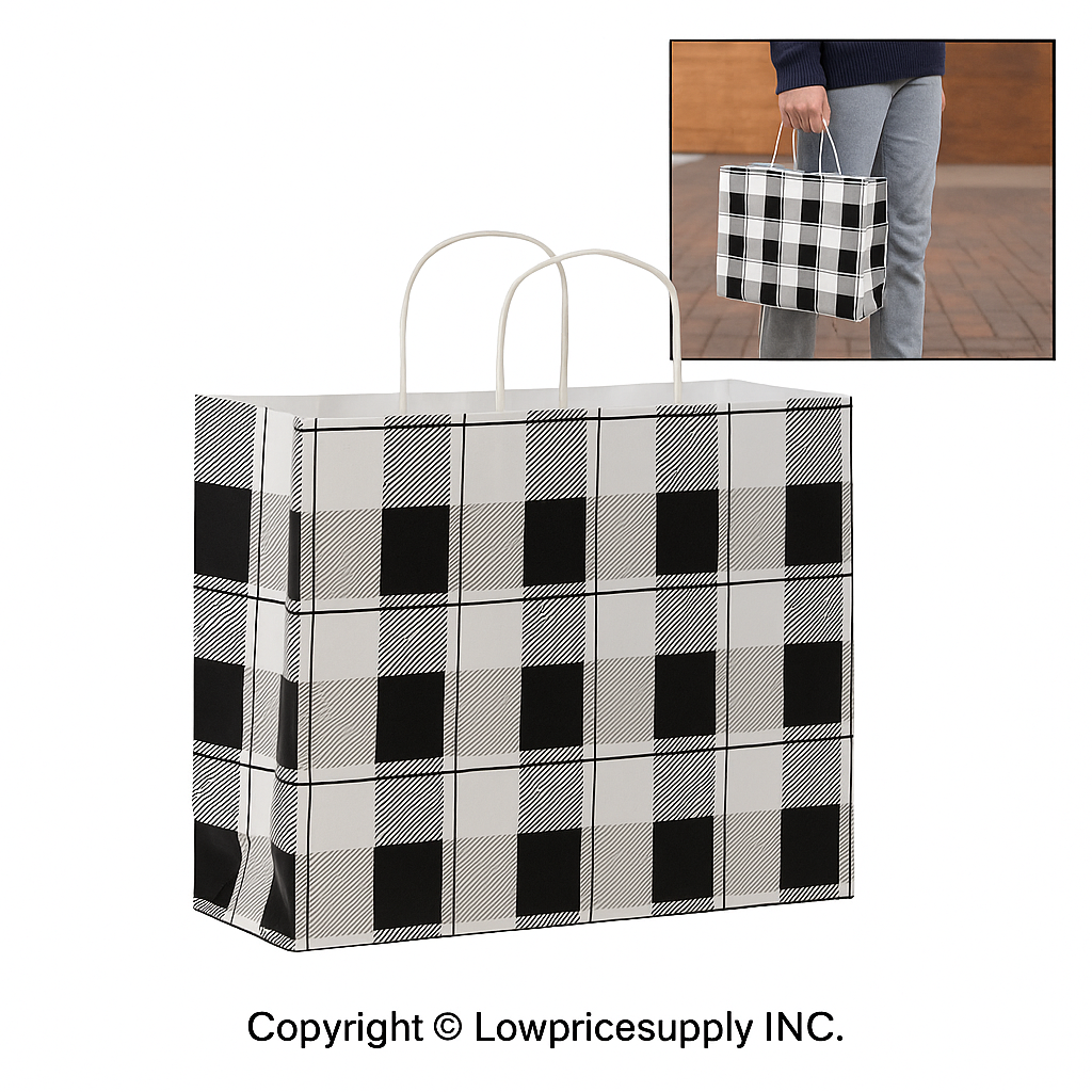 100 CASE Large 16"L X 6"D X 12.5"H Buffalo Check Paper Shopping Bags Durable Gift Bags With Handles For Clothing Shops, Salons, And Upscale Boutiques