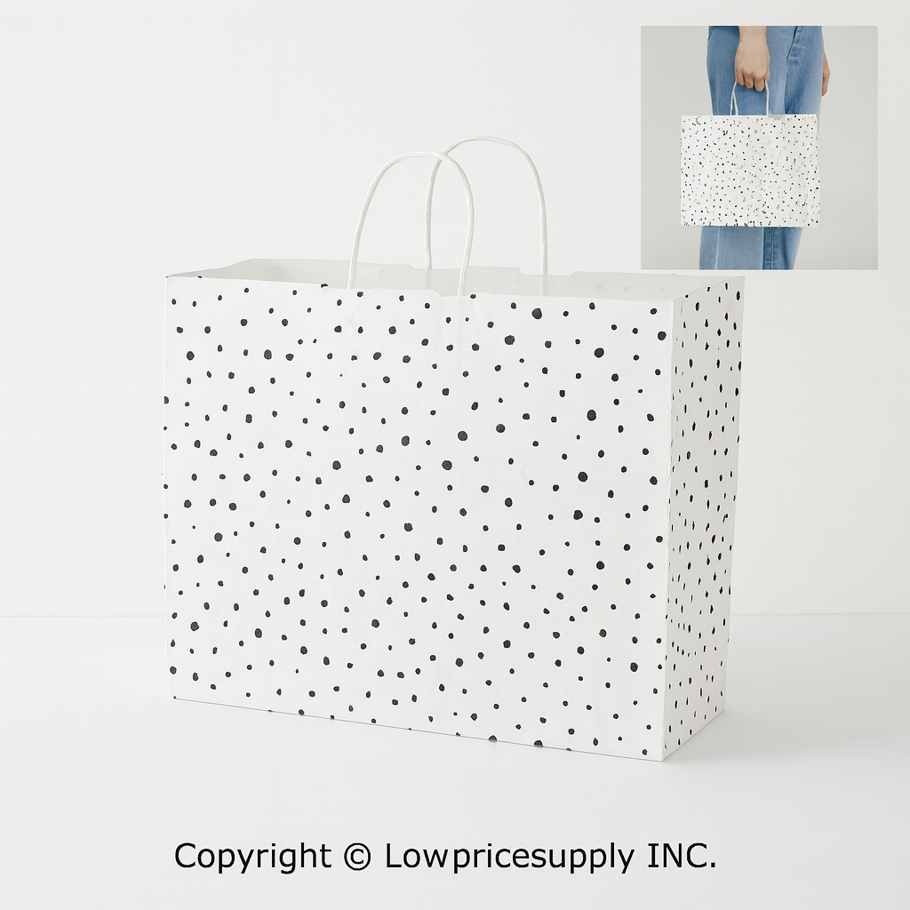 100 CASE Large 16"L X 6"D X 12.5"H White Modern Dot Paper Shopping Bags Multi Purpose Retail Paper Bags For Pop Up Shops, Events, And Trade Shows