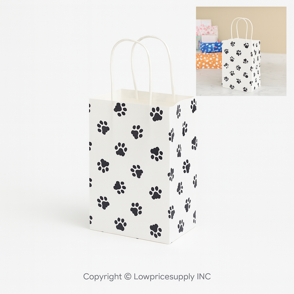 100 CASE Small 5"L X 3.5"D X 8.5"H Paw Print Paper Shopping Bags Durable Gift Bags With Handles For Clothing Shops, Salons, And Upscale Boutiques