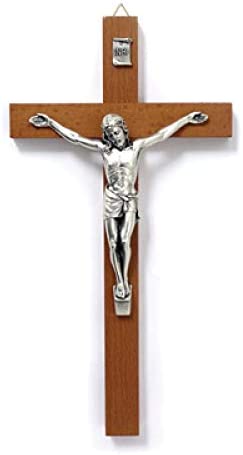 Catholic & Religious Gifts, Crucifix Wood with Silver Corpus 10"