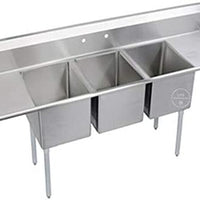 88" 16-Gauge Stainless Steel Three Compartment Commercial Sink with Galvanized Steel Legs and 2 Drainboards - 16" x 20" x 12" Bowls