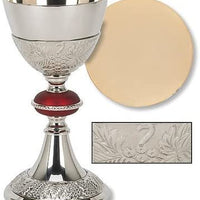 Catholic Brass 24KT Gold Tone Grape Patterned Red Node Chalice and Paten Set