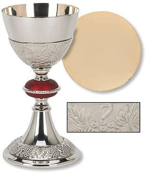 Catholic Brass 24KT Gold Tone Grape Patterned Red Node Chalice and Paten Set