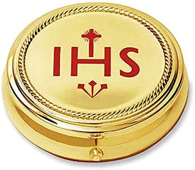 Catholic Red IHS with Cross Design 3 1/8 Inch Gold Hospital 20 Host Travel Pyx