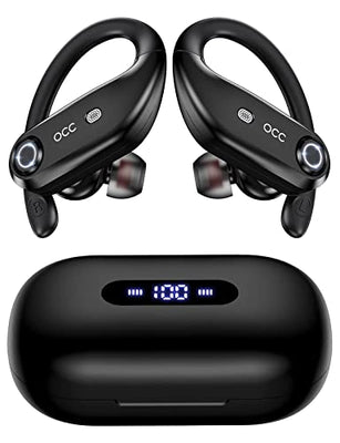 occiam Wireless Earbuds Bluetooth Headphones 100H Playback 4 Mics Clear Call Waterproof 2200mAh Wireless Charging Case Over Ear Buds in-Ear Earphones with Earhooks for Sports Running Workout Black