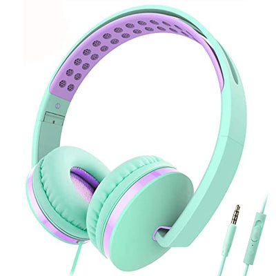 Unipows Kids Headphones for School - Girls Boys Teens Lightweight Foldable Wired Headset with Microphone, Volume Control, Stereo Bass for Cell Phone, Tablet, PC, Laptop (Mint Green and Purple)
