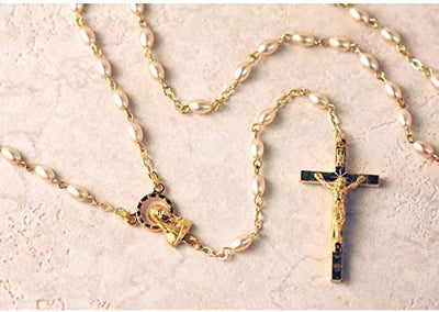 Catholic & Religious Gifts, 3MM Rosary Pearl Oval Beads Gold Chain 18.5