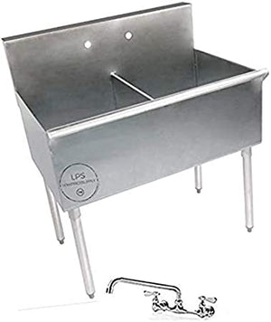 36" X 24" X 14" Bowl Stainless Steel Two Compartment Commercial Utility Prep 36" Sink w/ 12" Wall Mounted Swing Spout Swivel Faucet with 8" Centers