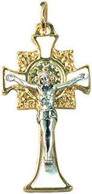 Catholic & Religious Gifts, Small Crucifix ST Benedict Gold White 1-1/2