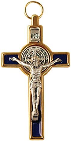 Catholic & Religious Gifts, Small Crucifix ST Benedict Gold Blue 3"