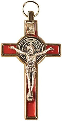 Catholic & Religious Gifts, Small Crucifix ST Benedict Silver RED 3