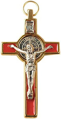 Catholic & Religious Gifts, Small Crucifix ST Benedict Gold RED 3