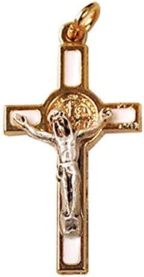 12pc Catholic & Religious Gifts, Small Crucifix ST Benedict Gold White 1.5