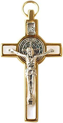 Catholic & Religious Gifts, Small Crucifix ST Benedict Gold White 3