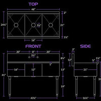 3 Compartment Stainless Steel Commercial Utility Prep Kitchen Sink w/ 12" Wall Mounted Swing Spout Swivel Faucet with 8" Centers (Overall Dimensions: 48L" x 24.5W" x 41H")