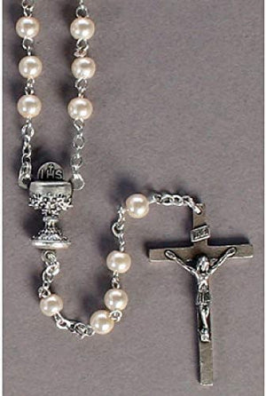 Catholic & Religious Gifts, Rosary First Communion White Faux Pearl Imitation Beads, 5MM 16.5"