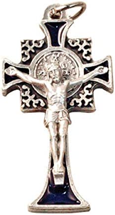 Catholic & Religious Gifts, Small Crucifix ST Benedict Silver Blue 1-1/2"