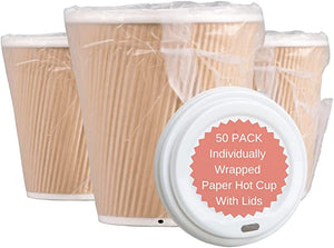 50 PACK 10 oz. Kraft Ripple Individually Wrapped Paper Hot Cup with Lids For Cafe, Hotel Motel Room, takeout box
