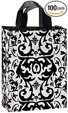 Black Damask Frosted Plastic Medium Shopping Bags 8 x 5 x 10 Inches - Box of 100