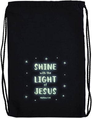 Shine With the Light of Jesus Glow-in-the-Dark Blue Drawstring Bag, 10 Inch x 15 Inch