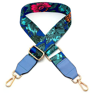 Wide Purse Strap Replacement,Flower Adjustable Guitar Style Bag Straps for Women Crossbody Handbags,Blue Leather Design at The End