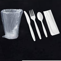 50 PACK - 9 oz. Plastic Translucent Individually Wrapped Cups and Individually Wrapped Heavy Weight White Plastic Cutlery Pack with Napkin Disposable Utensils Sets