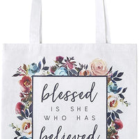Blessed Is She Who Has Believed Tote Bag, White, Large
