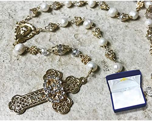 Catholic & Religious Gifts, Rosary Gold Chain W/Faux Pearl & Clear Beads