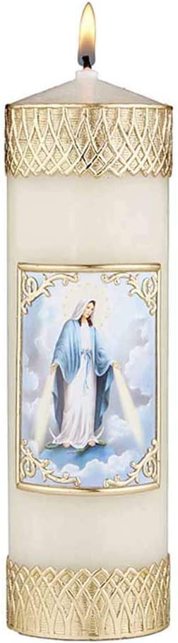 CB Church Supply Candle - Will and Baumer - Hand-Decorated Family Prayer Paraffin Devotional Candle with Decal, 8-Inch, Lady of Grace